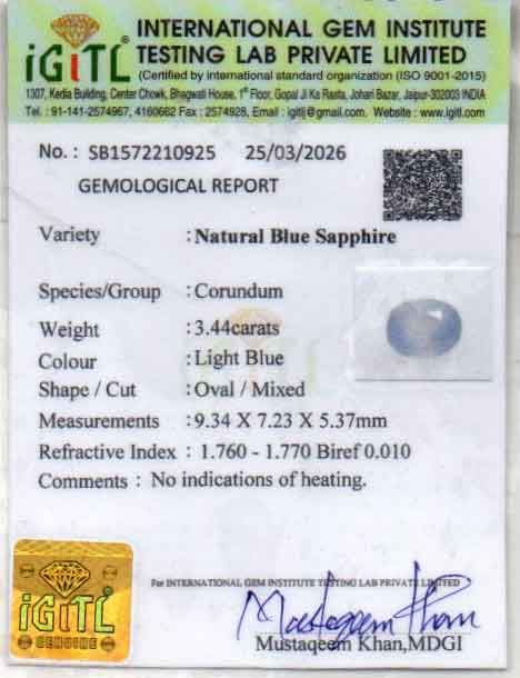 Blue Sapphire (Neelam) Gemstone - 3.44 Carats