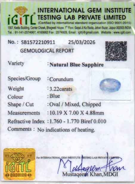 Blue Sapphire (Neelam) Gemstone - 3.22 Carats
