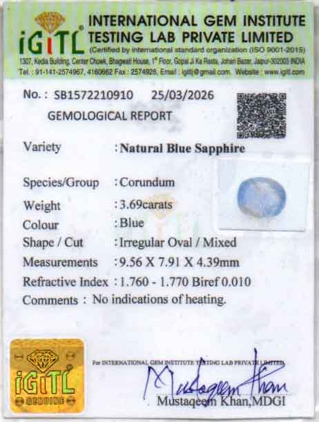 Blue Sapphire (Neelam) Gemstone - 3.69 Carats