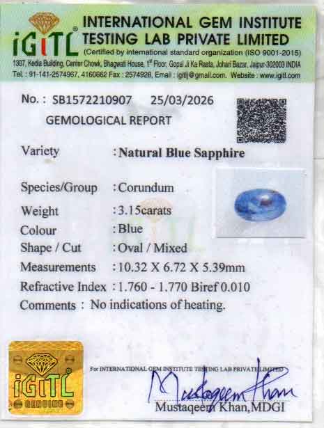 Blue Sapphire (Neelam) Gemstone - 3.15 Carats