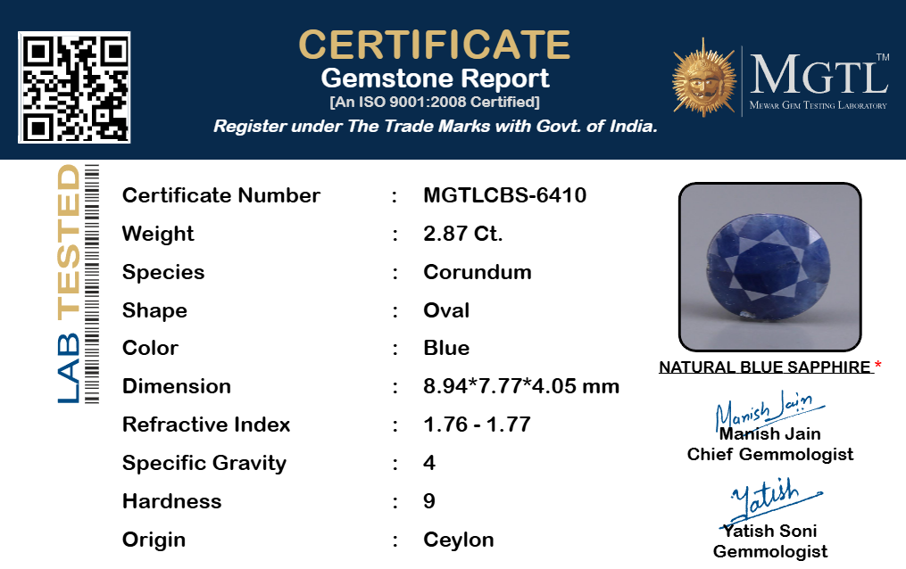 Blue Sapphire (Neelam) Gemstone - 2.87 Carats