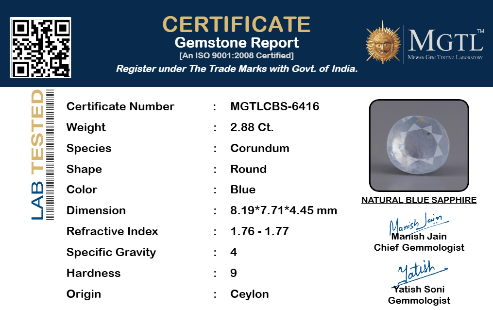 Blue Sapphire (Neelam) Gemstone - 2.88 Carats