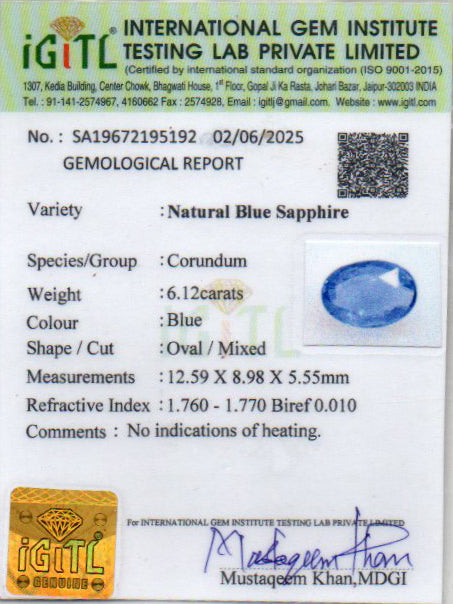 Blue Sapphire (Neelam) Gemstone - 6.12 Carats