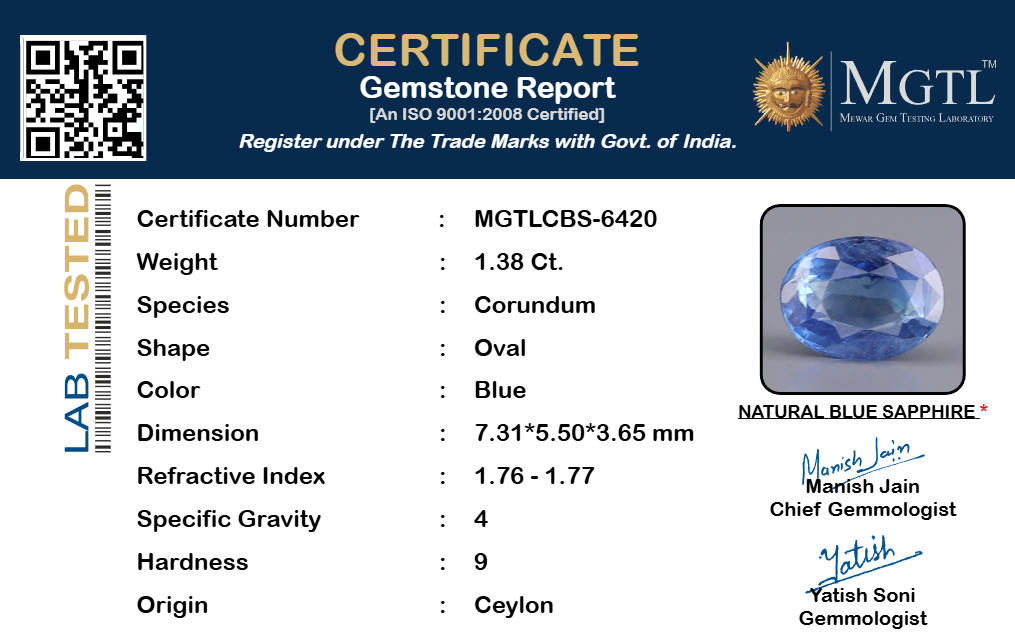 Blue Sapphire (Neelam) Gemstone - 1.38 Carats