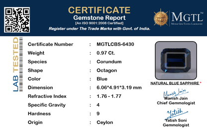 Blue Sapphire (Neelam) Gemstone - 0.97 Carats
