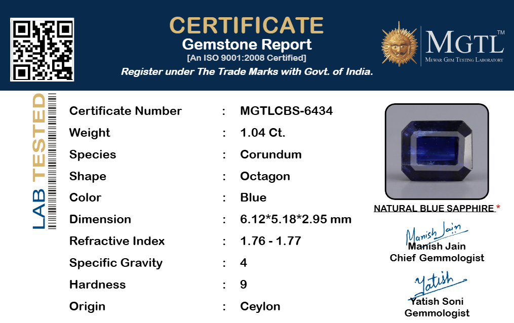 Blue Sapphire (Neelam) Gemstone - 1.04 Carats