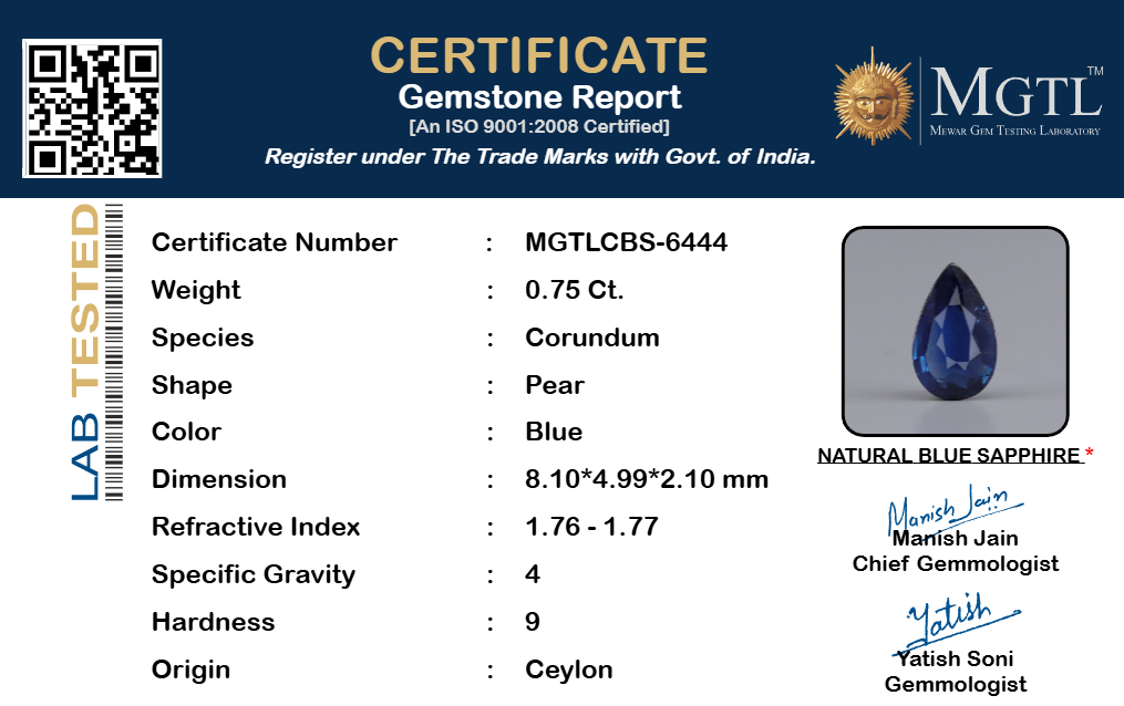 Blue Sapphire (Neelam) Gemstone - 0.75 Carats