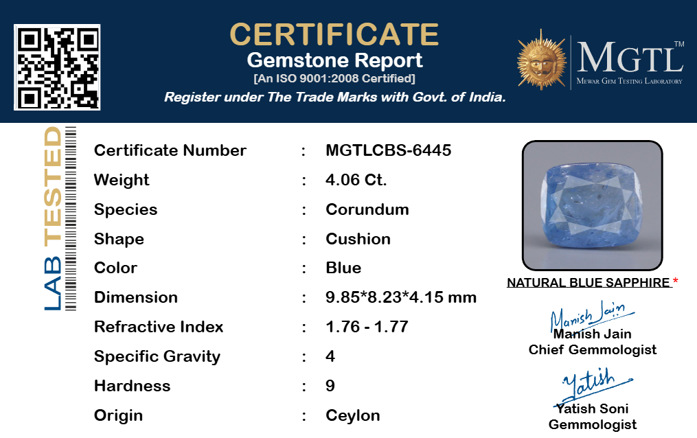 Blue Sapphire (Neelam) Gemstone - 4.06 Carats