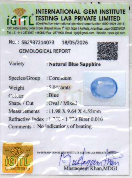 Blue Sapphire (Neelam) Gemstone - 5.04 Carats