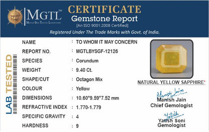 Yellow Sapphire - 9.40 Carats (Pukhraj - 10.25 Ratti)