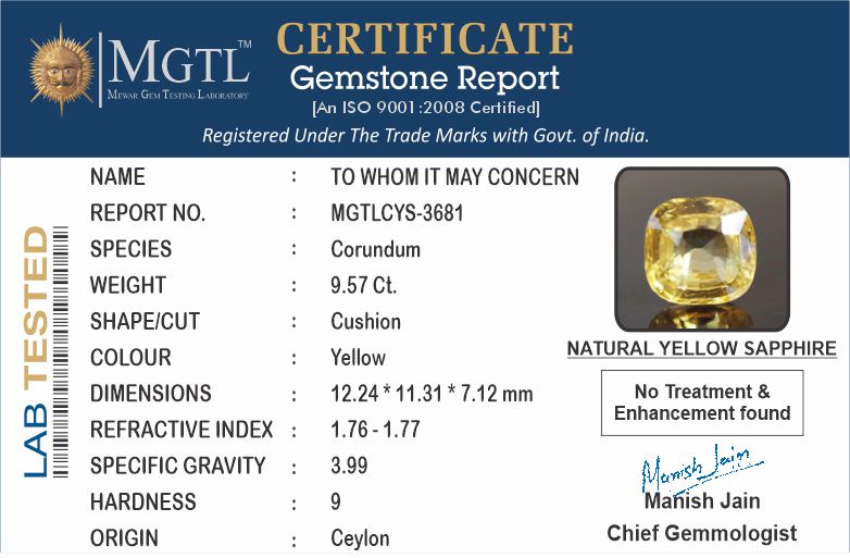Yellow Sapphire - 9.57 Carats (Pukhraj - 10.43 Ratti)
