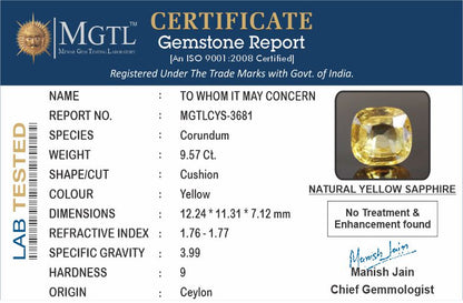 Yellow Sapphire - 9.57 Carats (Pukhraj - 10.43 Ratti)