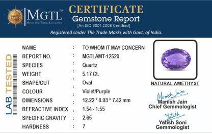 Amethyst - 5.17 Carats (Jamunia - 5.64 Ratti)