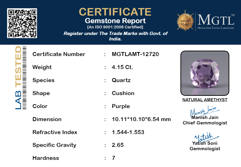 Amethyst - 4.15 Carats (Jamunia - 4.52 Ratti)