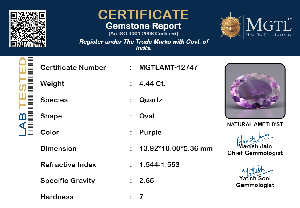 Amethyst - 4.44 Carats (Jamunia - 4.84 Ratti)