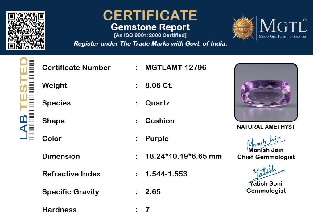 Amethyst - 8.06 Carats (Jamunia - 8.79 Ratti)