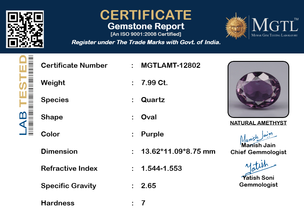 Amethyst - 7.99 Carats (Jamunia - 8.71 Ratti)