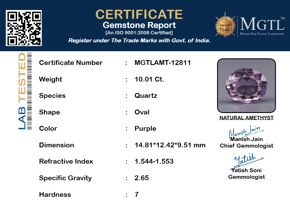 Amethyst - 10.01 Carats (Jamunia - 10.91 Ratti)