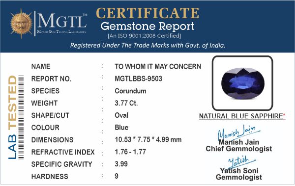 Blue Sapphire (Neelam) - 3.77 Carats