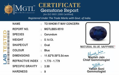 Blue Sapphire - 5.14 Carats (Neelam - 5.60 Ratti)