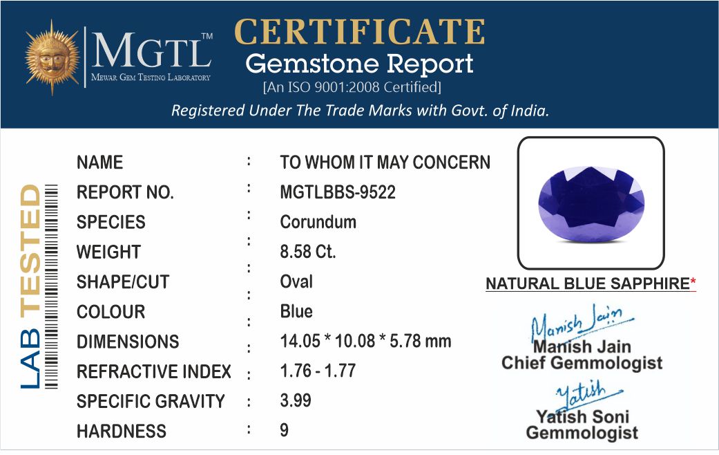 Blue Sapphire - 8.58 Carats (Neelam - 9.35 Ratti)