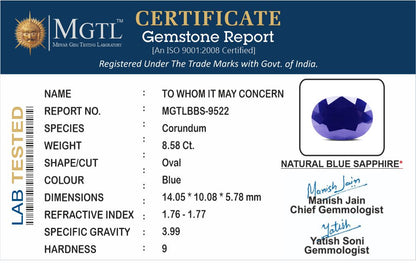 Blue Sapphire - 8.58 Carats (Neelam - 9.35 Ratti)