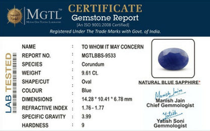Blue Sapphire - 9.61 Carats (Neelam - 10.47 Ratti)