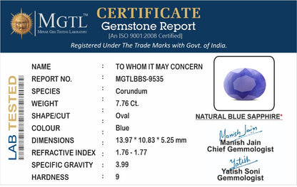 Blue Sapphire - 7.76 Carats (Neelam - 8.46 Ratti)