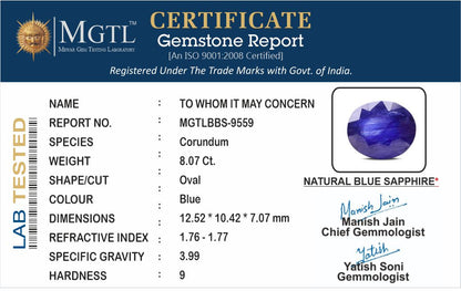 Blue Sapphire - 8.07 Carats (Neelam - 8.80 Ratti)