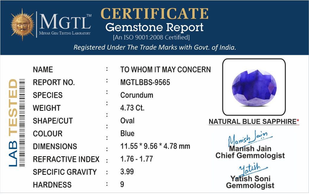 Blue Sapphire (Neelam) - 4.72 Carats