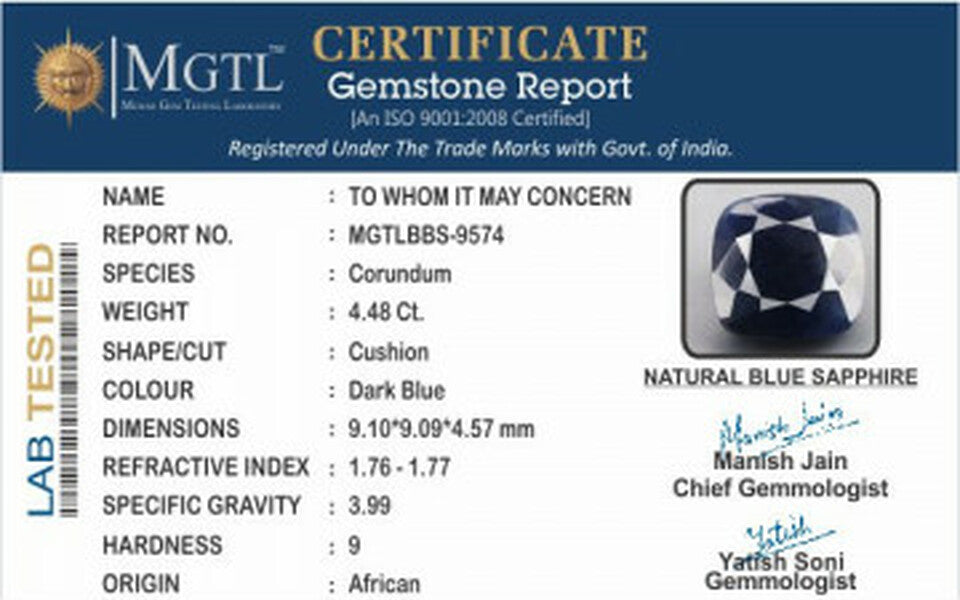 Blue Sapphire - 4.48 Carats (Neelam - 4.88 Ratti)