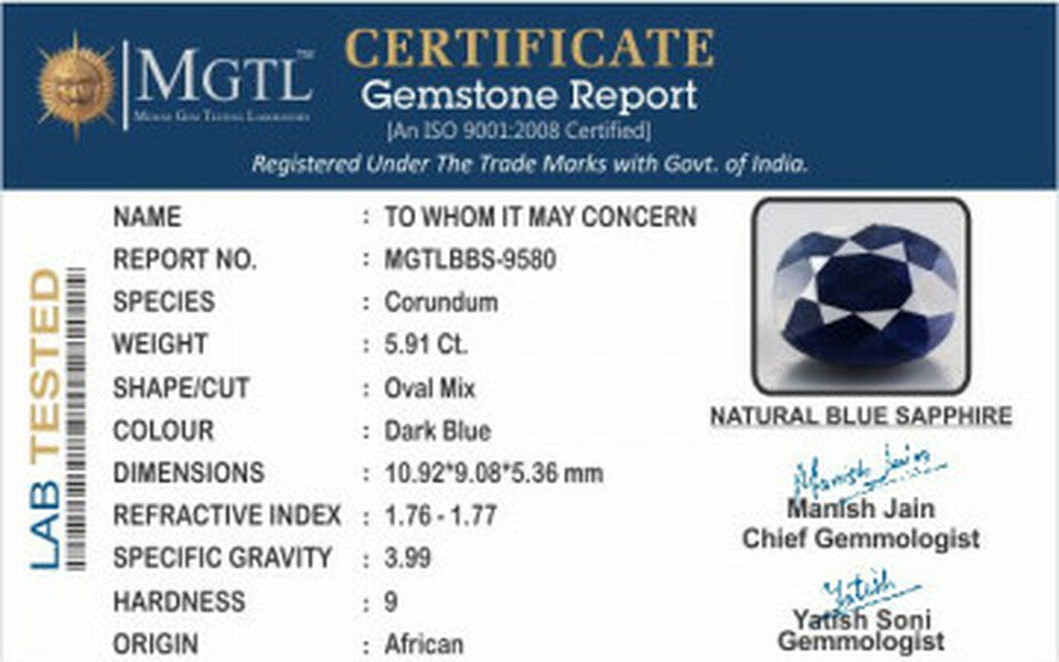 Blue Sapphire - 5.91 Carats (Neelam - 6.44 Ratti)