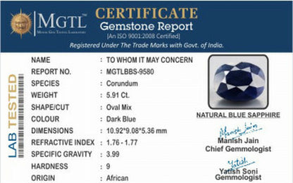 Blue Sapphire - 5.91 Carats (Neelam - 6.44 Ratti)