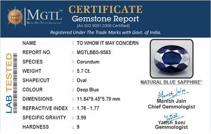 Blue Sapphire (Neelam) - 5.70 Carats