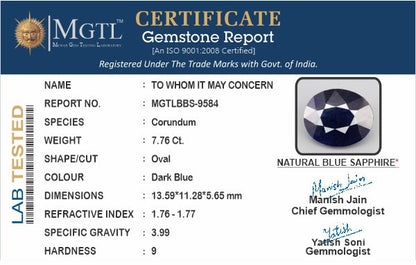 Blue Sapphire - 7.76 Carats (Neelam - 8.46 Ratti)