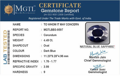 Blue Sapphire (Neelam) - 4.49 Carats
