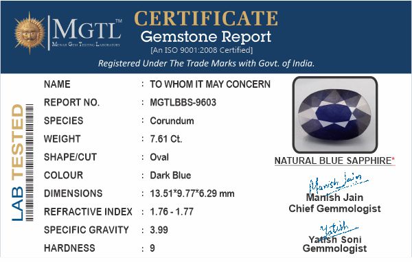 Blue Sapphire - 7.61 Carats (Neelam - 8.29 Ratti)