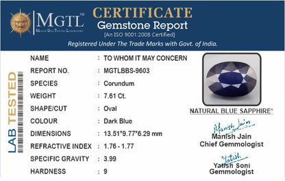 Blue Sapphire - 7.61 Carats (Neelam - 8.29 Ratti)