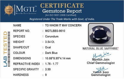 Blue Sapphire (Neelam) - 3.54 Carats