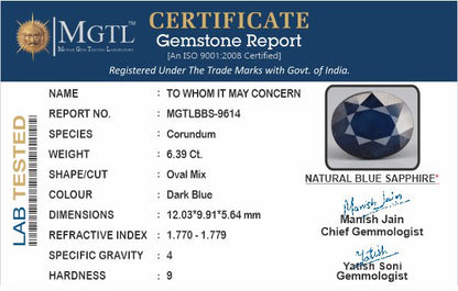 Blue Sapphire - 6.39 Carats (Neelam - 6.97 Ratti)