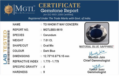 Blue Sapphire - 7.61 Carats (Neelam - 8.29 Ratti)