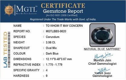 Blue Sapphire - 3.98 Carats (Neelam - 4.34 Ratti)