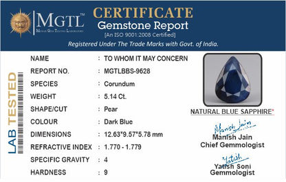 Blue Sapphire - 5.14 Carats (Neelam - 5.60 Ratti)