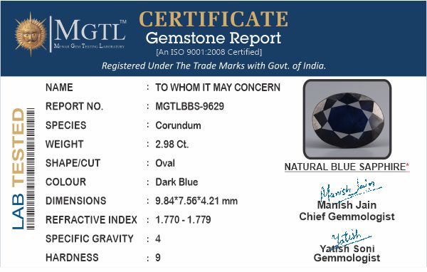 Blue Sapphire - 2.98 Carats (Neelam - 3.25 Ratti)