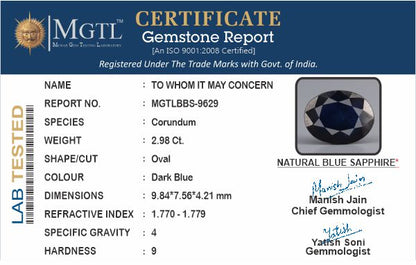 Blue Sapphire - 2.98 Carats (Neelam - 3.25 Ratti)