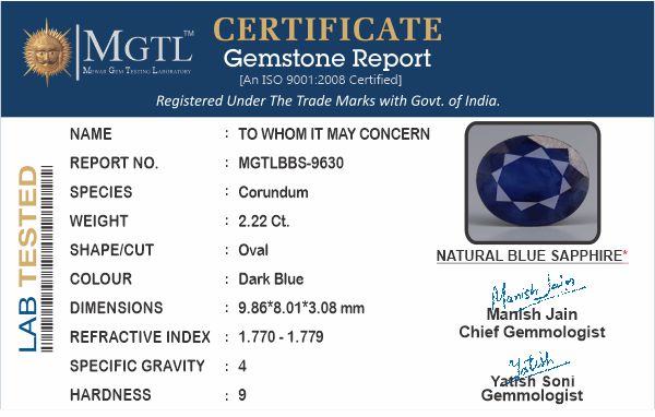 Blue Sapphire - 2.22 Carats (Neelam - 2.42 Ratti)