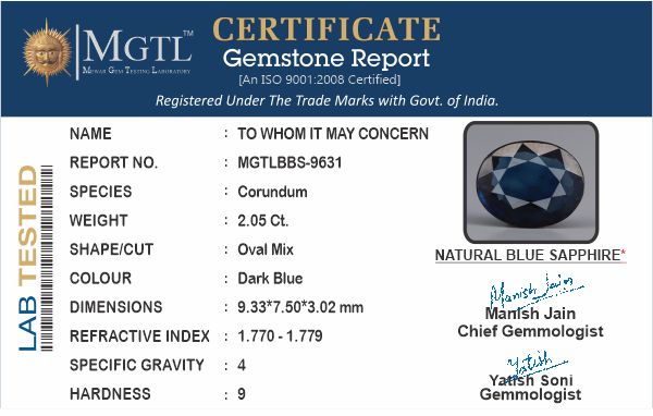 Blue Sapphire - 2.05 Carats (Neelam - 2.23 Ratti)