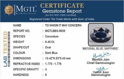 Blue Sapphire - 6.49 Carats (Neelam - 7.07 Ratti)