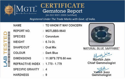 Blue Sapphire - 6.74 Carats (Neelam - 7.35 Ratti)