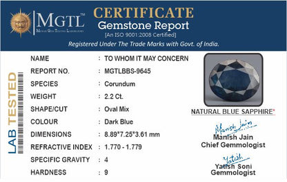 Blue Sapphire - 2.2 Carats (Neelam - 2.40 Ratti)